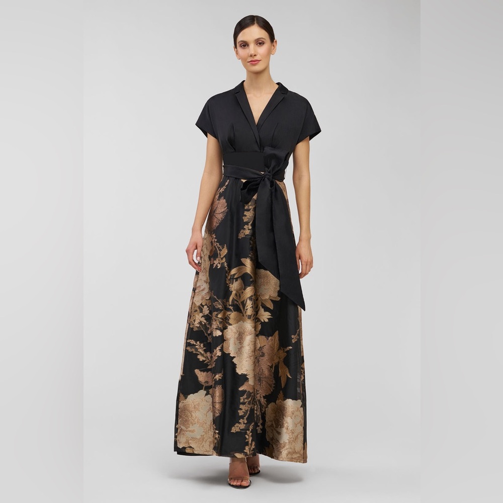 new Kay Unger Samira wrap belted gown in black/gold floral jacquard